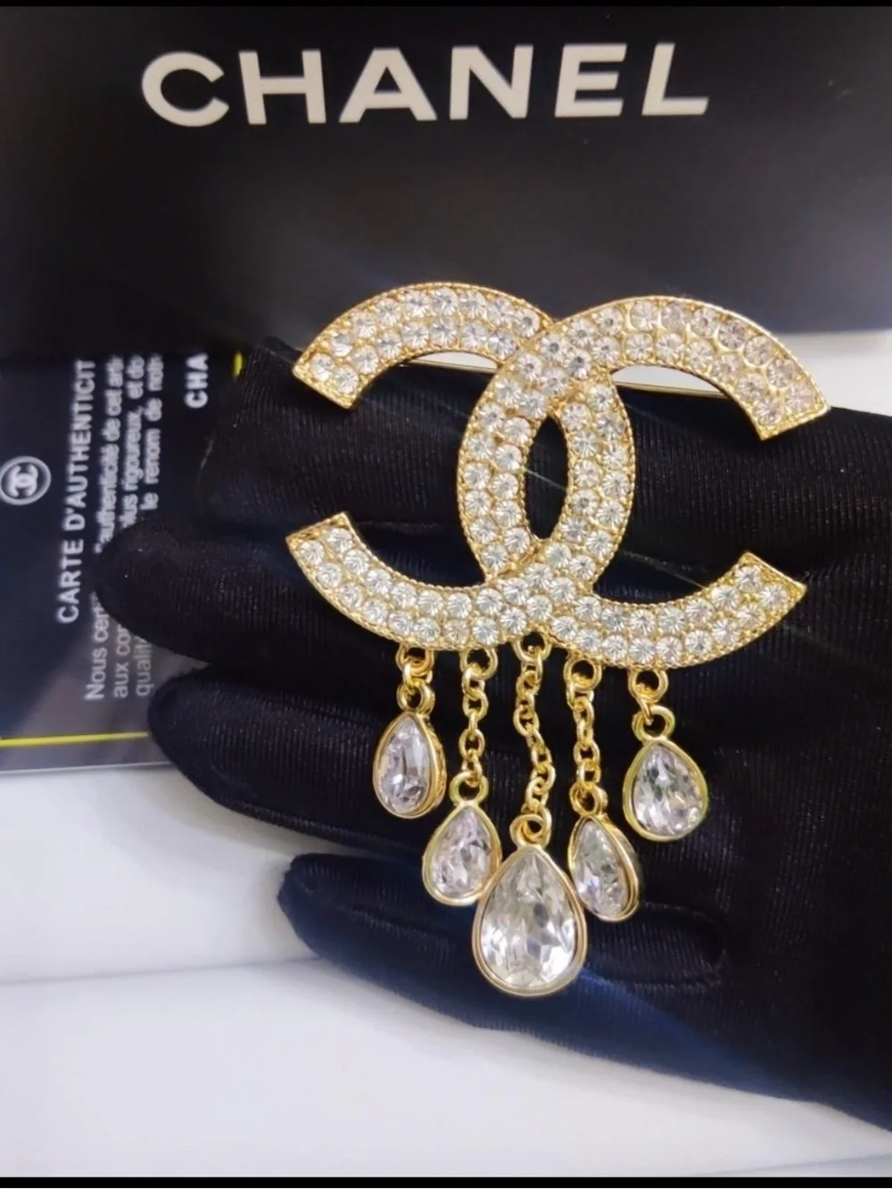 Designer Inspired Gold Crystal CCC Logo Drop Brooch